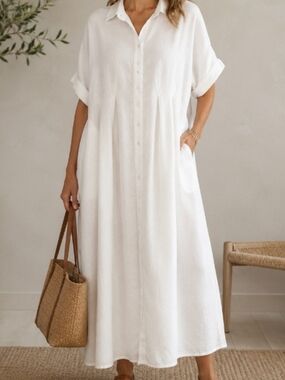 Exquise Anthropologie Tobie Linen Pleated Maxi Shirt Dress - Size L